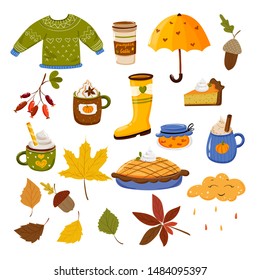 Vector collection with autumn elements in cartoon style (sweater, boots, umbrella, cloud, pumpkin pie, pastry, acorns, leaves, hot drinks). Illustration