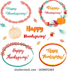Vector collection of autumn elements and celebration typography lettering. Thanksgiving day set. 