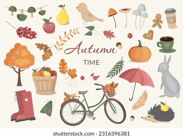 Vector collection with autumn elements. Autumn clipart set with leaves, pumpkin, forest animals and other symbols of fall.