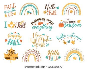Vector collection of autumn elements and typography lettering phrases. Thanksgiving day set: turkey, pumpkin, pilgrim hat, autumn leaves