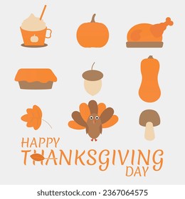 Vector collection of autumn elements and typography. Thanksgiving day set