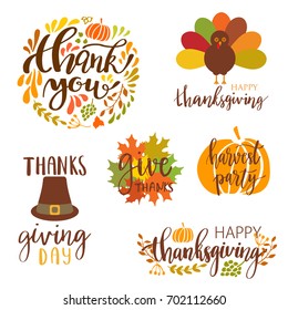 Vector collection of autumn elements and typography lettering phrases. Thanksgiving day set: turkey, pumpkin, pilgrim hat, autumn leaves