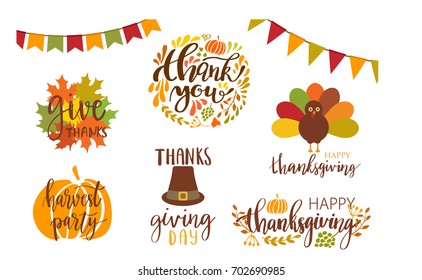 Vector collection of autumn elements and typography lattering phrases. Thanksgiving day set