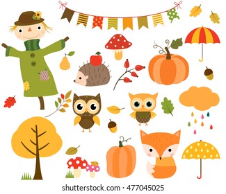 Vector collection of autumn elements and woodland animals.
The set includes fall bunting, scarecrow, owls, pumpkins, cloud with raindrops and umbrellas.