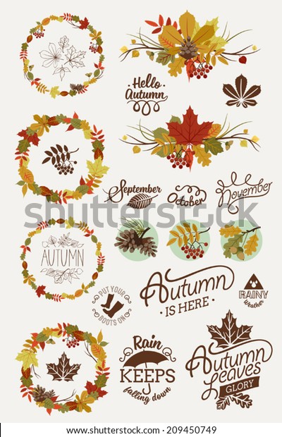 Vector collection of autumn (fall) themed design\
elements featuring decorative round frames, floral dingbats,\
ornamental badges, spacers, signs, retro styled calligraphy and\
lettering design\
elements