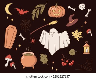 Vector collection of autumn halloween icons. October collection of holiday season elements