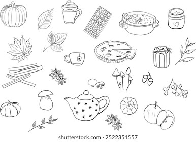 Vector collection with autumn icon. Fall clipart set with leaves, pumpkin, fruits and mushrooms. Autumn gifts.