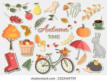 Vector collection with autumn stickers. Autumn sticker set with leaves, pumpkin, forest animals and other symbols of fall.