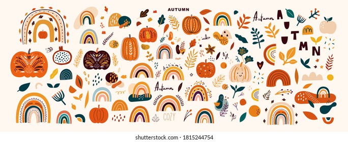 Vector collection with autumn symbols and elements. Autumn pumpkins and Rainbows - Shutterstock ID 1815244754