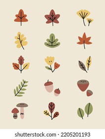 Vector collection of autumn symbols and elements. Autumn set of pumpkins and leaves. Icon, vector illustration. Eps 10