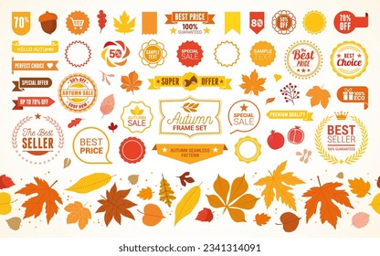 Vector collection with autumn symbols and elements. Autumn leaves, labels, tags, web elements and seamless pattern