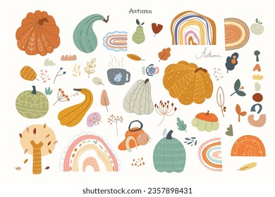 Vector collection with autumn symbols and elements. Autumn pumpkins and rainbows