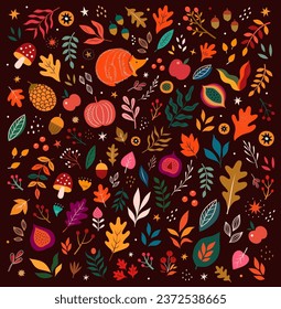 Vector collection with autumn symbols and elements. Autumn leaves and pumpkins