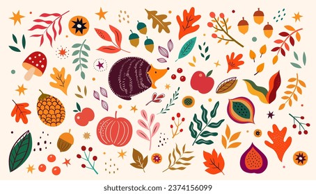 Vector collection with autumn symbols and elements. Autumn leaves, mushrooms and pumpkins