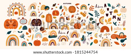 Vector collection with autumn symbols and elements. Autumn pumpkins and Rainbows