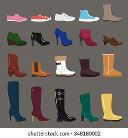 Vector collection of autumn, winter and spring women shoes. Flat style.