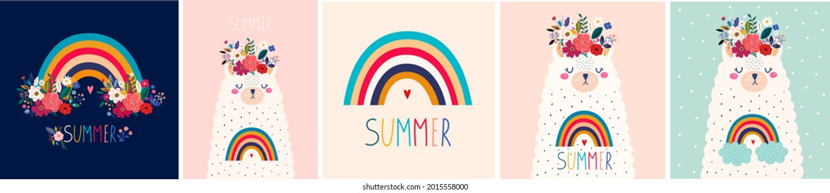 Vector collection. Baby design with cute llama and rainbow. Vector illustrations with cute animal lama