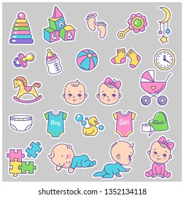 Vector collection of baby icons, stickers. Little baby girl and boy. Toys, stroller, potty, clothes, bottle. Child health and development icons for website, blog, package. Vector color illustration.