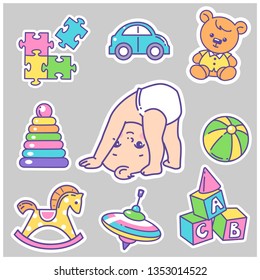 Vector collection of baby icons, stickers. Cute little baby boy or girl stand on head, upside down, play with toys. Child in diaper with pyramid, ball, bear. Colorful baby design elements isolated.