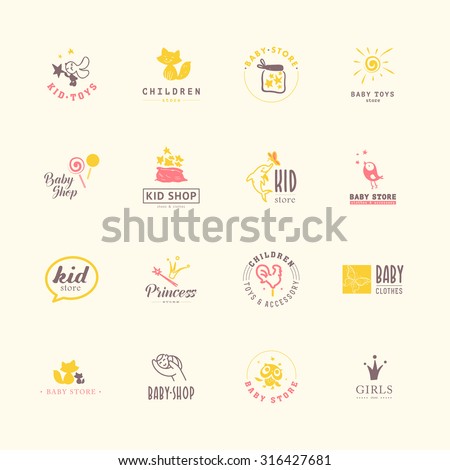 Vector collection of baby logo. Kid cute toy store insignia. Kids fashion label design. Children clothes brand. Baby and kid store insignia template. Baby care logo.