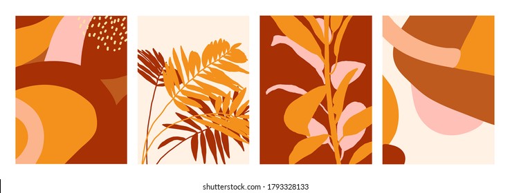 Vector collection of backgrounds in brown and yellow shades. Floral and abstract illustrations. For cards, posters, stationery, as template, backdrop.