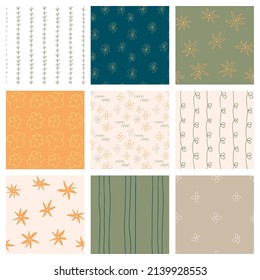 Vector collection of backgrounds. Set of seamless patterns in modern floral style. Minimalistic modern design for fabric, clothes, paper, cover, decor.