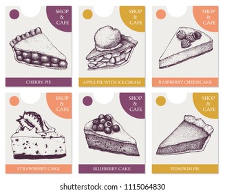 Vector collection of bakery or caffe menu templates. Ink hand drawn fruit and berry baking illustration. Vintage design with traditional cake, tart and pie sketch. 