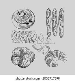 Vector collection of bakery in engraving style for posters, decoration and print, logo. Hand drawn monochrome sketches isolated on gray background.