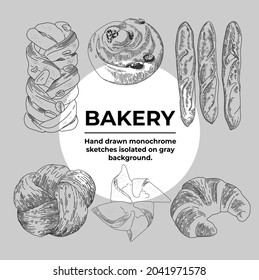 Vector collection of bakery and bakery in engraving style for posters, decoration and print, logo. Hand drawn monochrome sketches isolated on gray background.