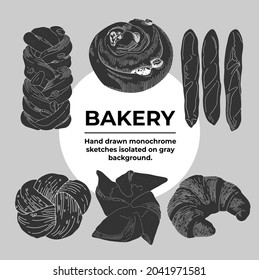 Vektorgrafik von Bäckerei und Bäckerei im Gravierstil für Poster, Dekoration und Druck, Logo. Handgezeichnete monochrome Skizzen einzeln auf grauem Hintergrund.