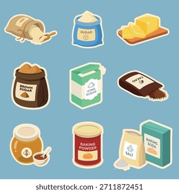 Vector colección de ingredientes para hornear en estilo lindo de la etiqueta engomada de la historieta. El conjunto incluye un saco de harina, bolsa azul de azúcar, bloque de mantequilla, azúcar morena, azúcar glas, cacao en polvo, tarro de miel,