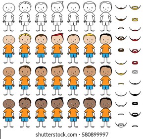 Vector Collection of Bald and Balding Stick Figure Men with Mix and Match Facial Hair