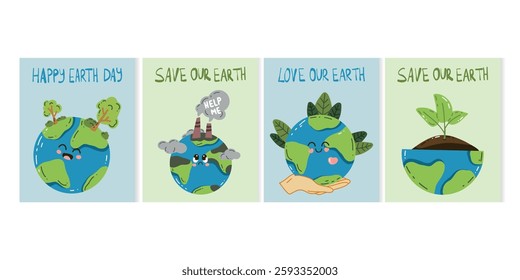 Vector collection of banners dedicated to Mother Earth Day. Bright cartoon design about the love of the planet. Let's save our land. With a love for ecology. Postcard, background