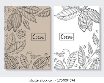 Vector collection of banners made of cocoa. Hand drawn illustration with cocoa brunches, beans and leafs. 