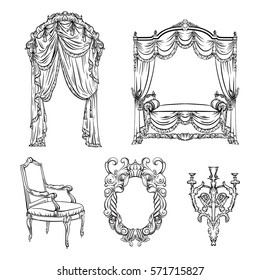 Vektorgrafik von barocken Möbeln in handgezeichnet. Tintenskizze. Design von Stuhl, Spiegel, Kronleuchter, Bett, Vorhang. Einzigartige Vorlage für Visitenkarten, Poster, Banner, Label.