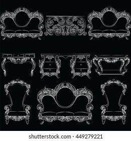 Vector collection of Baroque style armchairs furniture. Big Vector set of Antique Royal furniture. different rich detailed ornamented elements