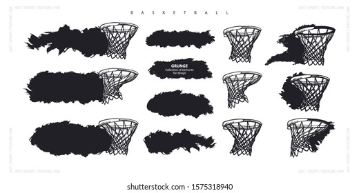 Vector collection for basketball. Elements for sports design, abstract black backgrounds. Basketball hoop, hand-drawing, grunge stripes for text.