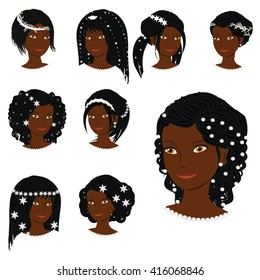 Vector collection of beautiful African American bride with different types of wedding hairstyle, hairdo, haircut. Fashion illustration 
