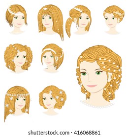 Vector collection of beautiful blonde bride with different types of wedding hairstyle, hairdo, haircut. Fashion illustration 