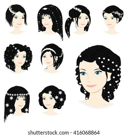 Vector collection of beautiful brunette bride with different types of wedding hairstyle, hairdo, haircut. Fashion illustration 
