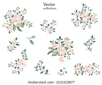 Vector collection with beautiful flowers and leaves. Botanic Design for banner, wedding, poster, invitation, cover, placard, brochure, header.