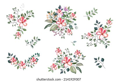 Colección de vectores con hermosas flores y hojas. Diseño botánico para banner, boda, afiche, invitación, portada, cartel, folleto, cabecera.