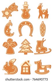 Vector collection of beautiful gingerbread icons in form of winter holiday symbols: angel, skates, snowman, Christmas tree, horseshoe, squirrel, cone, star. Christmas Bakery products