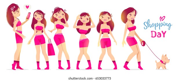 Vector collection of beautiful happy smiling posing girls in pink top and shorts with dog, phone, bag, text on white background. Flat style color design for t shirt, web, site, greeting card, poster