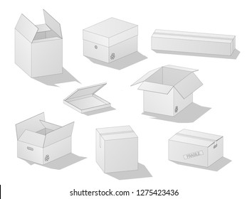 Vector collection of beautiful realistic white carton paper boxes with outlines on white background.