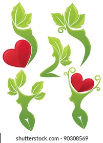 vector collection of beautiful women's bodies, green leaves and bright hearts
