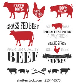 Vector Collection of Beef, Chicken and Pork Labels in Vintage Style