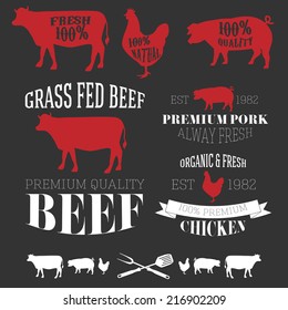 Vector Collection of Beef, Chicken and Pork Labels in Vintage Style