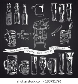 Vector collection of beer glasses and bottles sketch icons. Hand drawn Illustration. Chalkboard design.