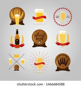 Vector collection of beer labels, icons for Octoberfest, restaurants or craft brewery. Cartoon flat style, wooden barrel and transparent glasses. Alcohol drinks, yellow beverage with foam